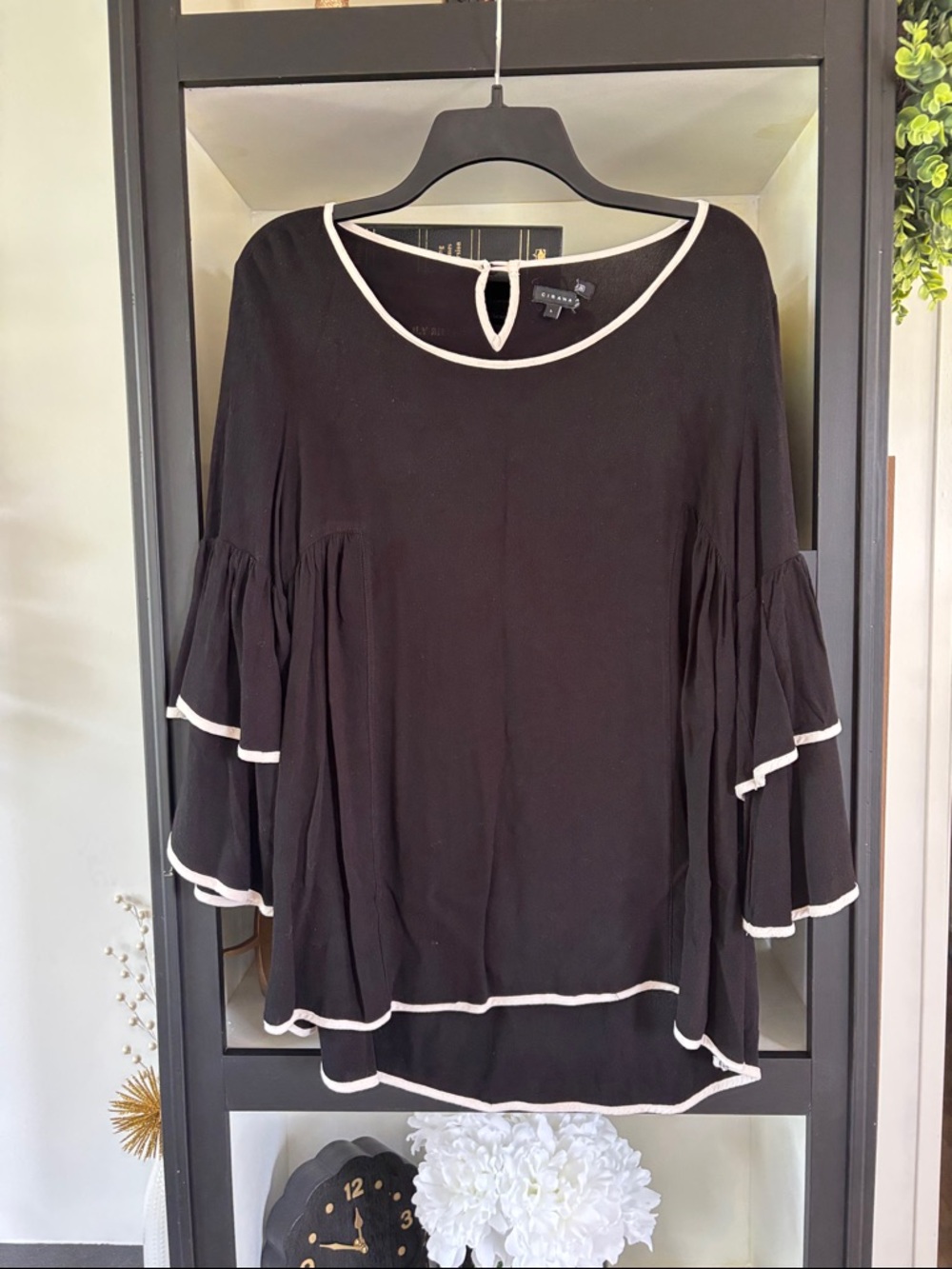 Black Ruffled Sleeve Top with White Trim - Unknown Brand